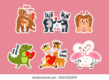 Me encantan los stickers con animales lindos. Para ti y para siempre, amate. Divertida relación romántica animal, Día de San Valentín o diseño vectorial de boda