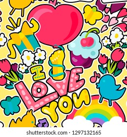 Love stickers seamless vector pattern. Dating and romance. Valentine's Day hand drawn background