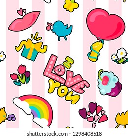 Love stickers seamless vector pattern. Valentine's Day texture. Romantic patches striped background