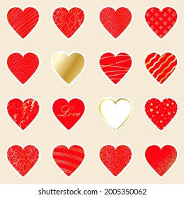 Love stickers. Set of 16 elegant gold and red hearts. Vector decor for love, romance, wedding illustration, Happy Valentine's Day greetings, lovely valentines, cover, flyer, poster with shiny hearts.