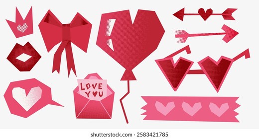 Love stickers set illustration featuring hearts, love arrows, speech bubbles, love letters, lips, bows, balloons, and romantic symbols in red and pink hues with a textured flat design style.