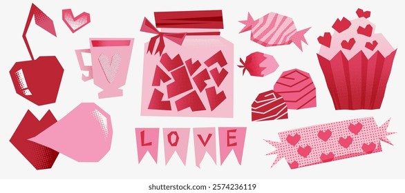 Love stickers set of Valentine day illustrations featuring hearts, candies, a cupcake, a jar filled with heart notes, and a banner spelling 'LOVE.  Scrapbooking cute  elements