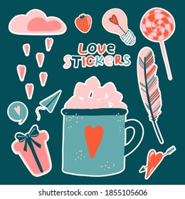 Love stickers. Signs, symbols, items and templates for planners, wedding invitations, notebooks, diaries, and Valentine's Day cards.