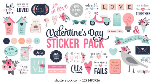 Love stickers. Signs, symbols, objects and templates for planners, wedding invitations, notebooks, diaries and valentine's day cards.