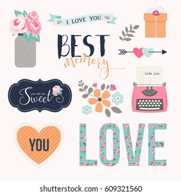 Love stickers. Signs, symbols, objects and templates for planners, wedding invitations, notebooks, diaries and valentine's day cards.