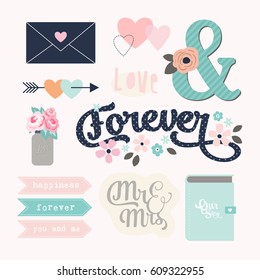 Love stickers. Signs, symbols, objects and templates for planners, wedding invitations, notebooks, diaries and valentine's day cards.