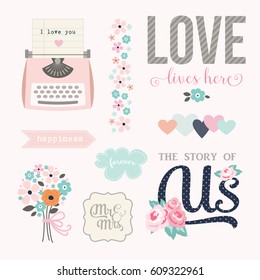 Love stickers. Signs, symbols, objects and templates for planners, wedding invitations, notebooks, diaries and valentine's day cards.