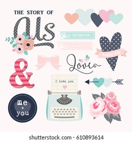 Love stickers. Signs, symbols, objects and templates for planners, wedding invitations, notebooks, diaries and valentine's day cards.