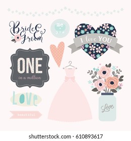 Love stickers. Signs, symbols, objects and templates for planners, wedding invitations, notebooks, diaries and valentine's day cards.