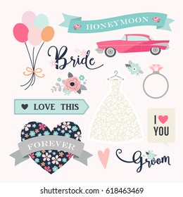 Love stickers. Signs, symbols, objects and templates for planners, wedding invitations, notebooks, diaries and valentine's day cards.