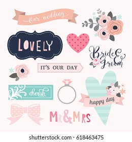 Love stickers. Signs, symbols, objects and templates for planners, wedding invitations, notebooks, diaries and valentine's day cards.