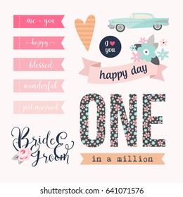 Love stickers. Signs, symbols, objects and templates for planners, wedding invitations, notebooks, diaries and valentine's day cards.