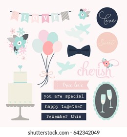 Love stickers. Signs, symbols, objects and templates for planners, wedding invitations, notebooks, diaries and valentine's day cards.