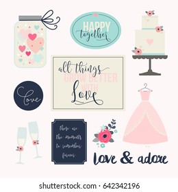 Love stickers. Signs, symbols, objects and templates for planners, wedding invitations, notebooks, diaries and valentine's day cards.
