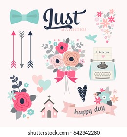Love stickers. Signs, symbols, objects and templates for planners, wedding invitations, notebooks, diaries and valentine's day cards.