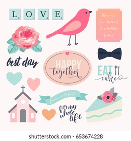 Love stickers. Signs, symbols, objects and templates for planners, wedding invitations, notebooks, diaries and valentine's day cards.