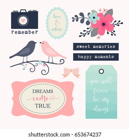 Love stickers. Signs, symbols, objects and templates for planners, wedding invitations, notebooks, diaries and valentine's day cards.