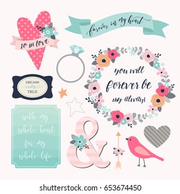 Love stickers. Signs, symbols, objects and templates for planners, wedding invitations, notebooks, diaries and valentine's day cards.