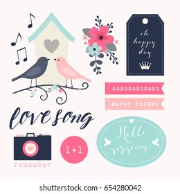 Love stickers. Signs, symbols, objects and templates for planners, wedding invitations, notebooks, diaries and valentine's day cards.
