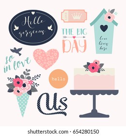 Love stickers. Signs, symbols, objects and templates for planners, wedding invitations, notebooks, diaries and valentine's day cards.
