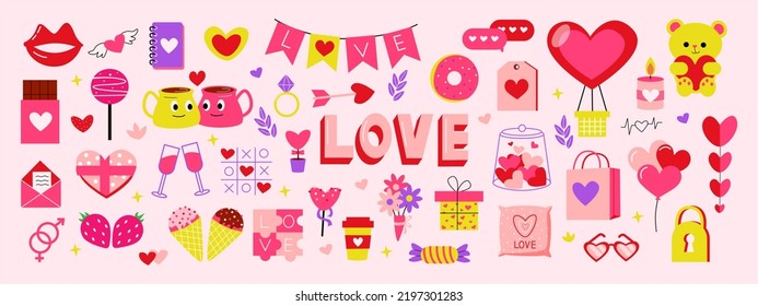 Love stickers. Valentine diary labels. Sweet pink and red hearts. Party garland. Lips kiss. Candies or drinks. Romantic notebook. Festive fun. Amour signs. Flower bouquet. Vector icon set