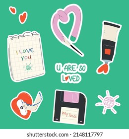 Love stickers with Valentine's day elements and quotes. Romantic cartoon illustrations