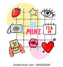 Love stickers vector set for Valentines Day. Cartoon romantic elements, be mine, lips, camera, message, kiss, heart. Hand drawn colorful objects for planner, Greeting cards, patches, pins.