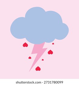 Love Storm. Illustration of a blue cloud releasing a pink lightning bolt, surrounded by falling heart shapes. Vector illustration.
