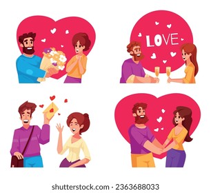 Love story 2x2 design concept set of cartoon couples in valentines day isolated vector illustration