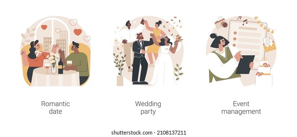 Love story abstract concept vector illustration set. Romantic date, wedding party planning, event management, Valentine day celebration, bouquet design, romantic relationship abstract metaphor.