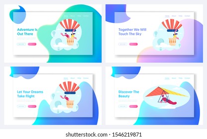 Love Story Adventure, Hang Gliding Recreation Website Landing Page Set. Couple Flying On Air Balloon At Valentine Day Trip, Sportsman On Hang Glider Web Page Banner. Cartoon Flat Vector Illustration