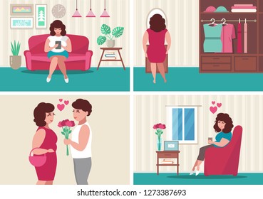 Love story body positive men and women. Vector set illustration in flat style. Suitable for Valentine's Day.