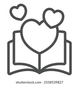 Love story book line icon, romantic tale concept. Vector graphics. Opened book and heart shape sign on white background, outline style icon for mobile or web design