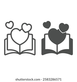 Love story book line and solid icon, romantic tale concept. Vector graphics. Opened book and heart shape sign on white background, outline style icon for mobile or web design