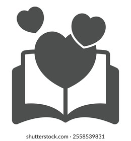 Love story book solid icon, romantic tale concept. Vector graphics. Opened book and heart shape sign on white background, glyph style icon for mobile or web design