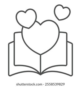 Love story book thin line icon, romantic tale concept. Vector graphics. Opened book and heart shape sign on white background, outline style icon for mobile or web design