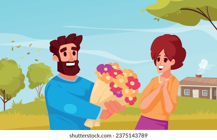 Love story cartoon background with happy man holding bouquet of colorful flowers and beautiful woman having dating flat vector illustration