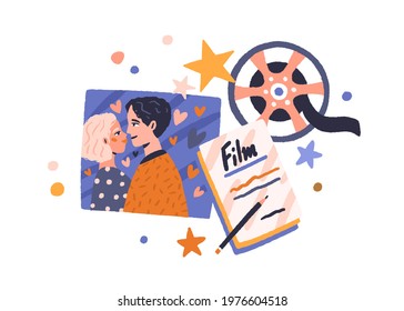 Love story cinema concept. Romantic screenplay, hearts, filmstrip, and film reel in retro style. Cinematography industry composition. Colored flat vector illustration isolated on white background