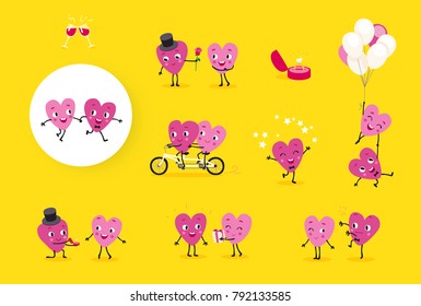 Love story. A collection of animated hearts, a loving guy and a girl in different situations. Isolated groups of characters, illustrations for Valentines Day, Wedding, Engagement