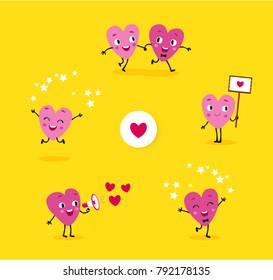 Love story. A collection of animated hearts, a loving guy and a girl in different situations. Isolated groups of characters, illustrations for Valentines Day, Wedding, Engagement. Vector set 5