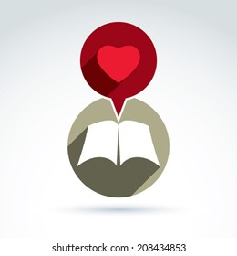 Love story concept. Vector open book with blank sheets placed in a circle, illustration of a simple disclosed book icon and a red speech bubble with a heart. 