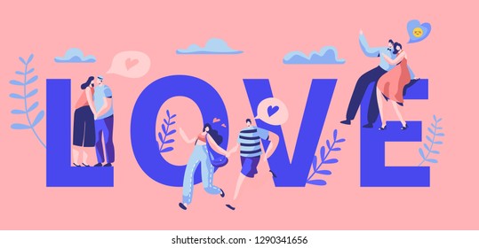 Love Story Couple Character Motivation Typography Banner. Happy Lover Hug, Kiss, Sitting on Bench. Woman Man Romantic Flirt Lifestyle Concept for Horizontal Poster Vector Flat Cartoon Illustration