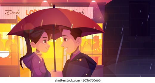 Love story, couple stand under umbrella at rainy night street front of glowing cafe window. Romantic relations. Loving man and woman outdoor dating, connection, romance, Cartoon vector illustration