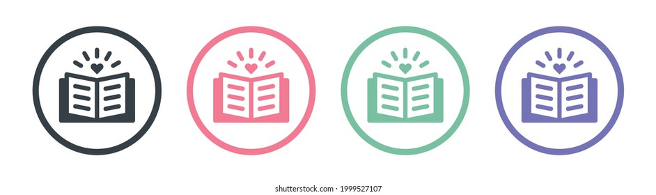 Love story or diary with heart icon set.