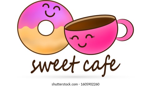 Love story donut and cup of coffee. Doodle food icon isolated on wite. Design for sweet cafe or kids cloth. Colored sticker. Kids hand drawing art line. Sketch vector stock illustration