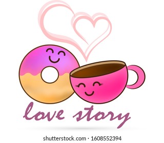 Love story donut and cup of coffee sticker. Doodle food icon. Design for sweet cafe or cloth. Kids hand drawing art line. Sketch vector stock illustration