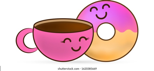 Love story donut and cup of coffee sticker. Doodle food icon. Design for sweet cafe or cloth. Kids hand drawing art line. Sketch vector stock illustration
