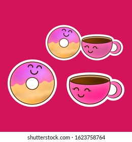 Love story donut and cup of coffee sticker. Doodle food icon. Design for sweet cafe or cloth. Kids hand drawing art line. Sketch vector stock illustration