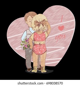 Love story . Embroidered greeting card for lovers. Patchwork pattern love you. Cute hearts, embroidery on fabric, t shirt print, fashion design. Vector illustration