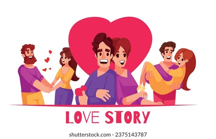 Love story flat design concept with three happy cartoon couples at big red heart background vector illustration